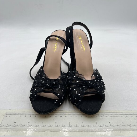 XYD Black Stiletto High Heel Ankle Strap Crystal Studs Sheer Mesh Knotted Sandal - Picture 3 of 8